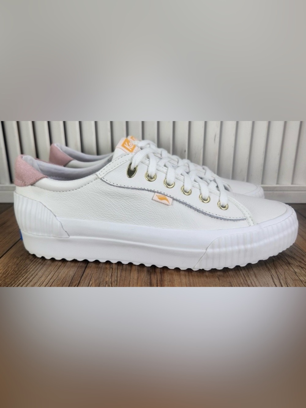 Keds White Leather Platform Sneaker with Pink Accents